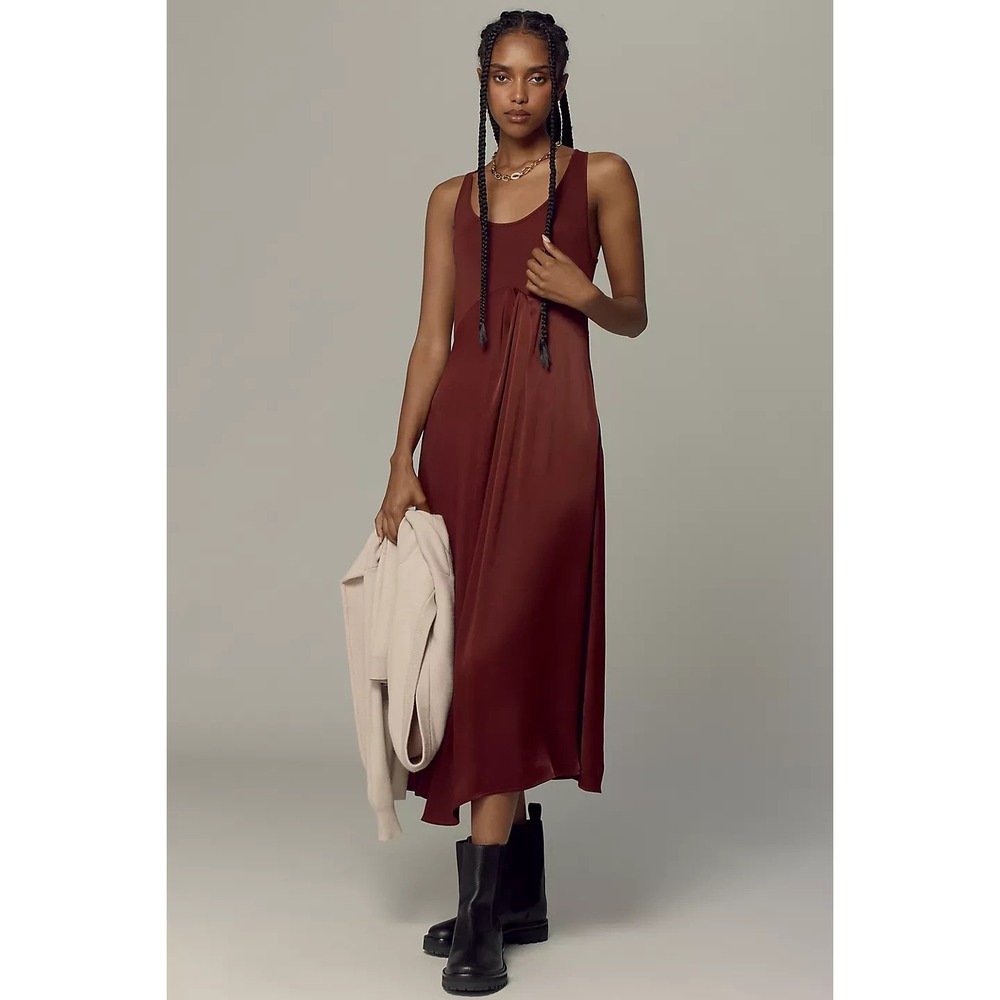 Anthropologie The Gemini Midi Dress Burgundy Jersey & Satin Scoop Neck Tank Sz S